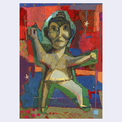 Painting of an antique clay warrior sculpture, with a large head and powerful stance. Background is full of bright colors layered atop one another, mostly reds, blues and browns.