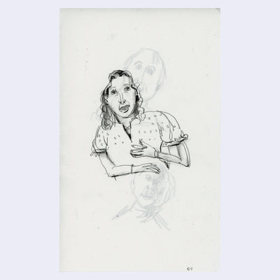 Graphite illustration of a woman wearing a polka dot dress, only rendered from her midsection up.