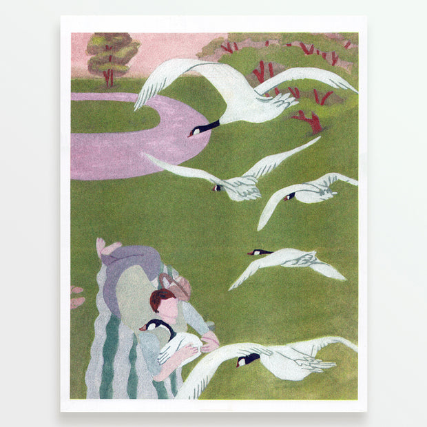 Risograph print of an empty outdoor park with a vast lawn and a woman laying on a picnic blanket. She hugs a goose while many more fly overhead.