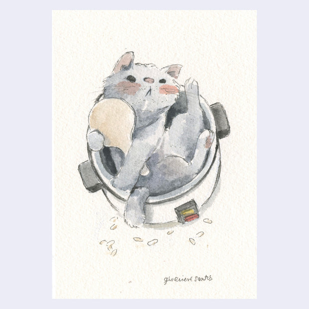 Watercolor illustration of a gray fluffy cat sitting inside of a rice cooker, cradling the rice paddle. It is seen from slightly overhead and a few rice grains are on the ground.