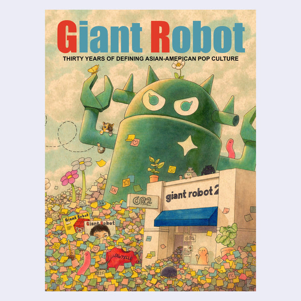 Illustrated book cover on tan toned paper of a large green robot in front of GR2 Gallery with many post it notes overflowing all through the street. Various GR Merch is held up in the scene.