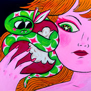 Painting of a pink woman, seen from close up with only half of her face and part of her shoulder. She holds up a large apple with several bites taken from it. A green snake wraps around the apple and looks at the woman in an irritated manner.