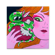 Painting of a pink woman, seen from close up with only half of her face and part of her shoulder. She holds up a large apple with several bites taken from it. A green snake wraps around the apple and looks at the woman in an irritated manner.