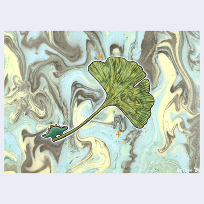 Illustration of a gingko leaf with a very small cartoon dinosaur at the bottom of it. A white outline lines the leaf and dinosaur, against a background of blue, gray and cream colored marbled paper.