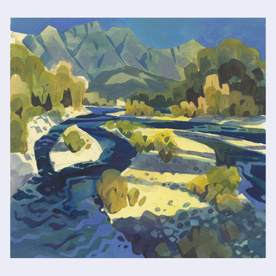 Plein air painting of a river with many different channels, running between different land masses with sparse bushes. A large mountain range is in the background.