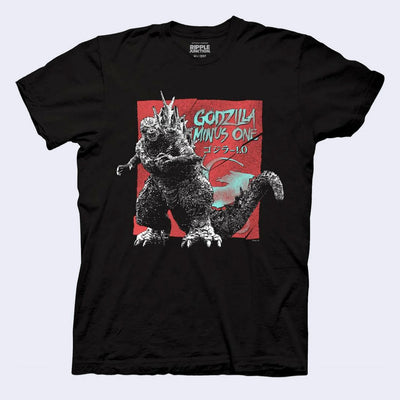 Black t-shirt with a graphic of Godzilla standing in tall, in front of a red and mint green background that says "Godzilla Minus One"