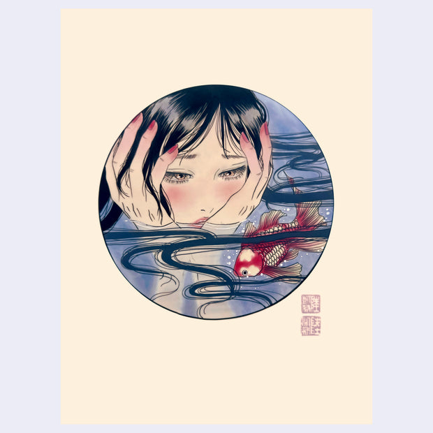 Illustration within a circle on cream paper. A woman with long black hair holds her head in her hands and is in a body of water, only her head and hands above the water. A red and white goldfish swims by and she looks towards it.