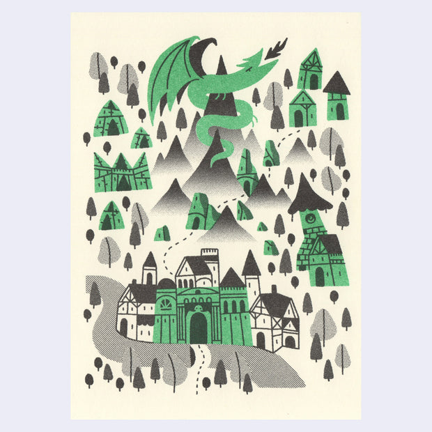 Risograph print of a large green dragon wrapped around a pointed mountain. Various green buildings surround the mountains and a gate entrance to the town is below.