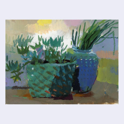 Painting of 2 planted pots with different green plants growing out of them.