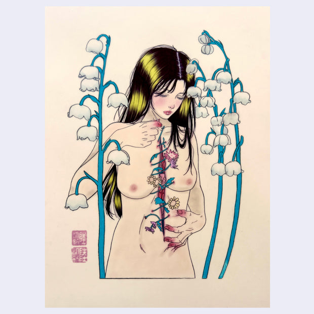 Illustration on cream paper of a girl with long black hair and yellow highlights. She stands nude with her mid section cut open. She attempts to stitch it closed with flower vines. Lily of the Valley flowers grow at her side.