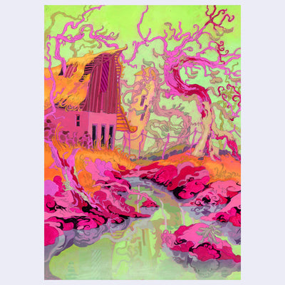 Colorful landscape painting with slight fantasy elements of a green river, with fluorescent pink rocks lining it and a large abandoned cabin nearby. The pink trees are curved and stylized. 