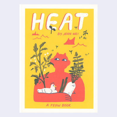 Book cover for "Heat", yellow with an illustration of a red giant with small demon horns and no facial features aside from happy eyes. It holds a chicken and various vegetables in its arms.