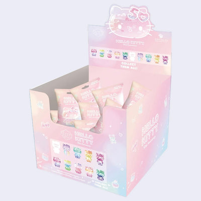 Pastel colored product packaging for Hello Kitty 50th Anniversary blind bag figures.