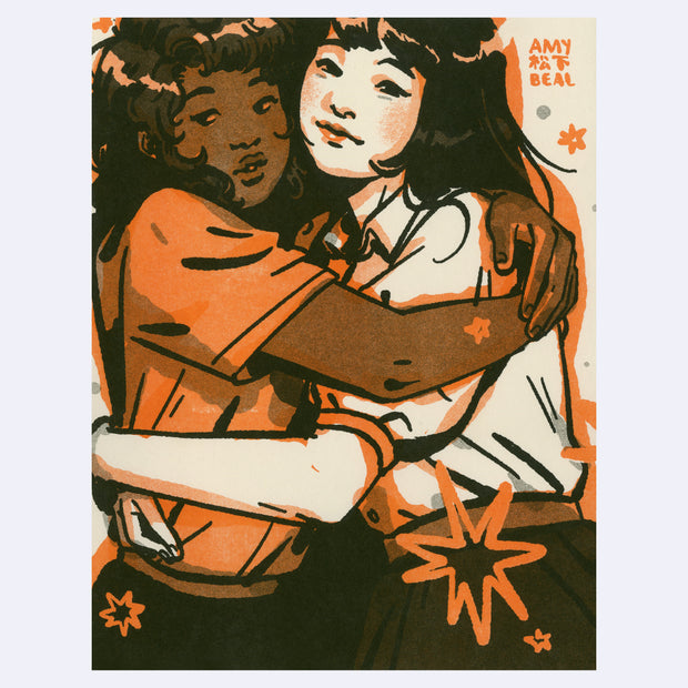 Orange and black ink risograph print on cream colored paper of of 2 girls hugging, with their faces almost touching. One looks off to the side with a slight open mouth and the other looks straight forward and smiles. 