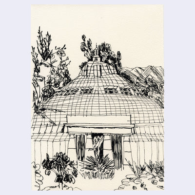 Stylistically messy ink drawing on cream paper of a large domed building with a sculpture in front and many plants all around.