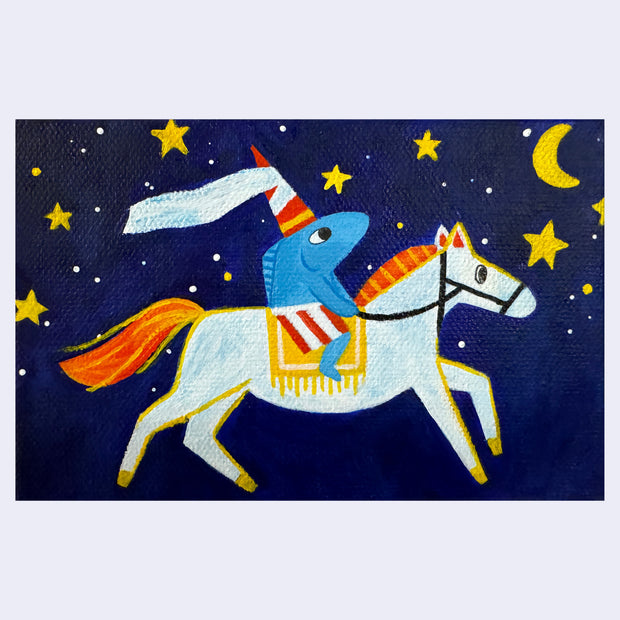 Painting of a blue fish riding atop of a white horse with an orange mane. They ride through a purple blue night sky with large stars and a moon.