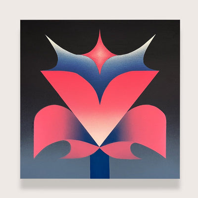 Painting in a very clean, simplified style of a pink flower with pointed petals and geometric shaped leaves. Its inside is a white to blue gradient and its stem is blue. Background is a black to gray gradient.