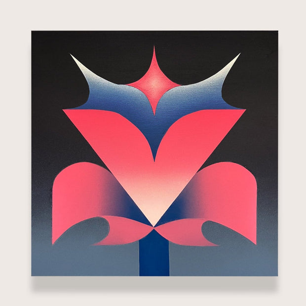 Painting in a very clean, simplified style of a pink flower with pointed petals and geometric shaped leaves. Its inside is a white to blue gradient and its stem is blue. Background is a black to gray gradient.