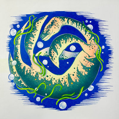 Risograph print of an sea monster akin to the Loch Ness Monster, curled into itself in a "c" shape with kelp around it. Background is a circle of blue.