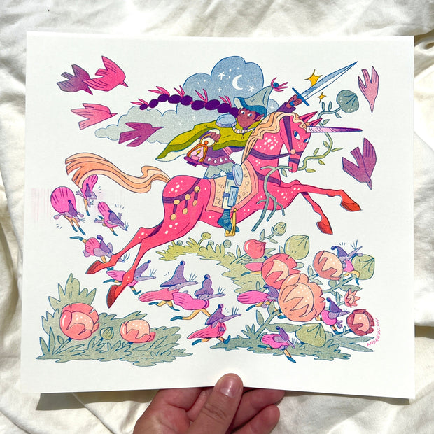 Risograph illustration of a tan girl with a long purple braids holding a sword and a lantern and riding atop of a pink unicorn. The unicorn leaps over various fantasy style plants and small mice characters in cloaks.