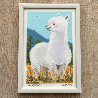 Painting of a white fluffy alpaca with rosy cheeks, looking off to the side. It stands in a field of yellow grass.