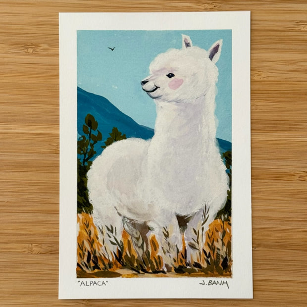 Painting of a white fluffy alpaca with rosy cheeks, looking off to the side. It stands in a field of yellow grass.