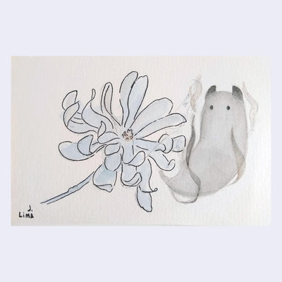 Watercolor sketch of a grey ghost coming out of a blue flower.