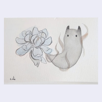 Watercolor sketch of a grey ghost coming out of a blue flower.