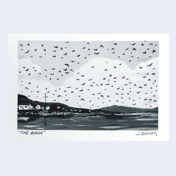 Greyscale painting of a sea side scene with a small town on the coast, large fluffy white clouds and many birds flying in the sky.