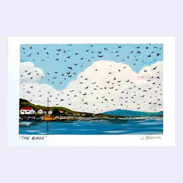 Painting of a sea side scene with a small town on the coast, large fluffy white clouds and many birds flying in the sky.