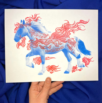 Risograph print of a photocopied horse, printed in blue ink. It has large hooves and a long mane. Drawn on red flames fly off of it and it has illustrated tattoos superimposed atop its body.