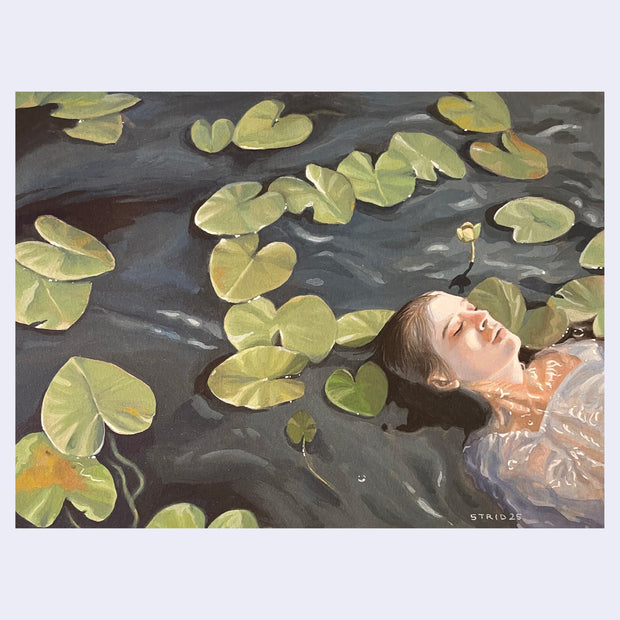 Painting of a woman floating in a lake or pond, seen only from her shoulders up. The body of water has many lily pad like leaves.