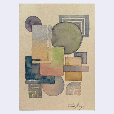 Watercolor painting on warm toned paper of several abstract shapes, pieced together in a variety of muted colors.