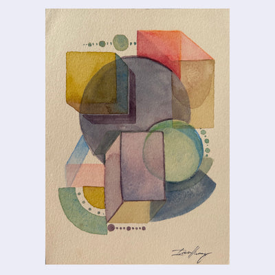 Watercolor painting on warm toned paper of several abstract shapes, pieced together in a variety of muted colors.