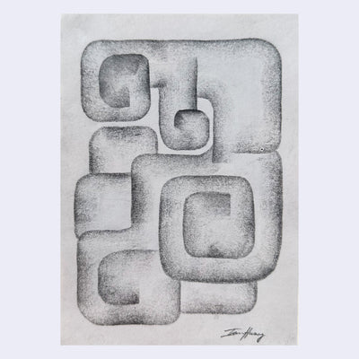 Graphite drawing of several curved  shapes all interconnecting, some layered atop one another. They have a soft blurred graphite quality to them.