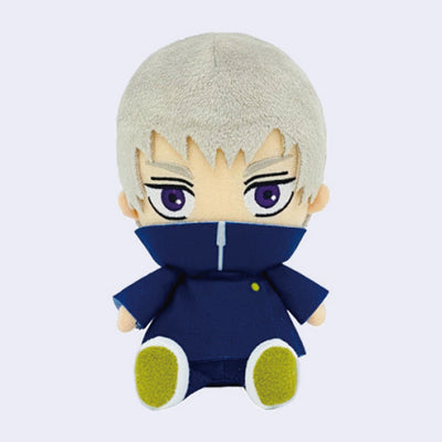 Plush doll of Toge from Jujutsu Kaisen, with a large head and his mouth covered by the collar of his blue jacket.