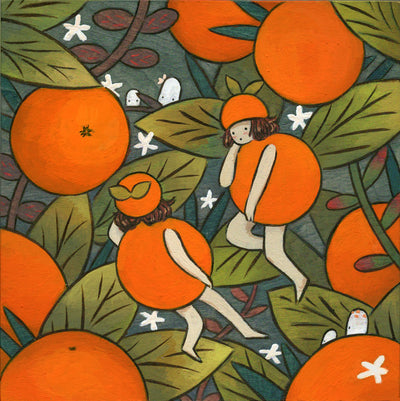 Painting of an orange tree, close up to show the oranges and leaves. 2 small girls float and are dressed as oranges, with small white blossoms and alien/ghosts nearby.