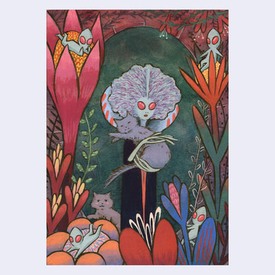 Painting of an alien queen, purple with large red eyes, holding a gray fluffy cat and wearing a simple black robe. She is surrounded by cats, unique plants and tiny aliens.