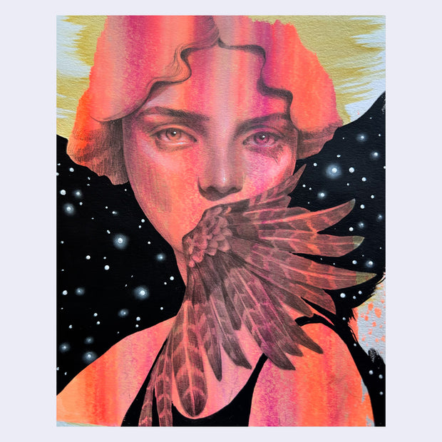 Realistically rendered illustration of a woman from the chest up. Her skin is tinted pink and orange and her mouth is covered by birds feathers. 