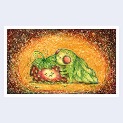 Colored pencil illustration of a green cartoon bug with red eyes and many arms. It smiles and hugs a moldy strawberry.