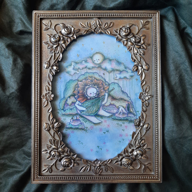 Colored pencil drawing of a small flower character sitting and playing a lute made out of a leaf. Smaller creatures sit nearby. Piece is in ornate brass colored frame