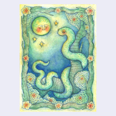 Colored pencil illustration done in green, blue and yellows of a green snake wrapped around a tree trunk. Behind it is a moon with an old face and 3 stars hanging in the night sky. Scene is bordered by an illustrated branch frame with flowers.