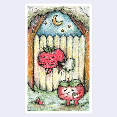 Colored pencil illustration of a small cartoon apple standing in front of a fence with a spray can, having just graffiti'd it with a drawing of itself farting. 