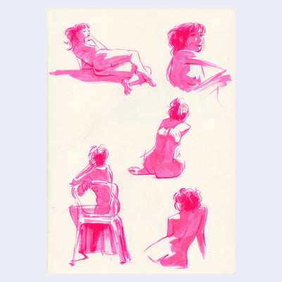 5 life drawing portraits of a nude woman in various poses, drawn in pink marker ink.