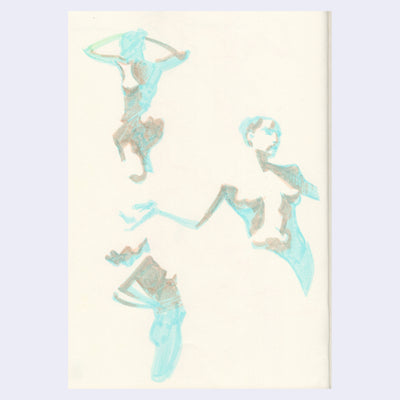 3 life drawing portraits of a nude woman with her hair in a bun, drawn in tan and light blue marker.