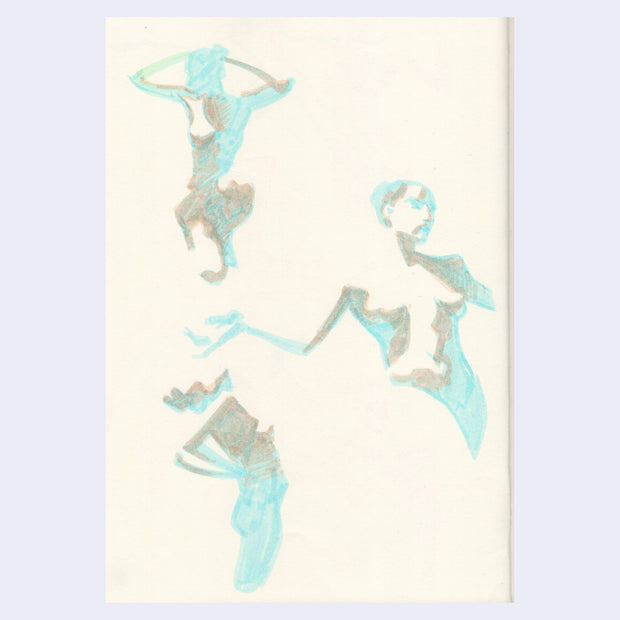 3 life drawing portraits of a nude woman with her hair in a bun, drawn in tan and light blue marker.