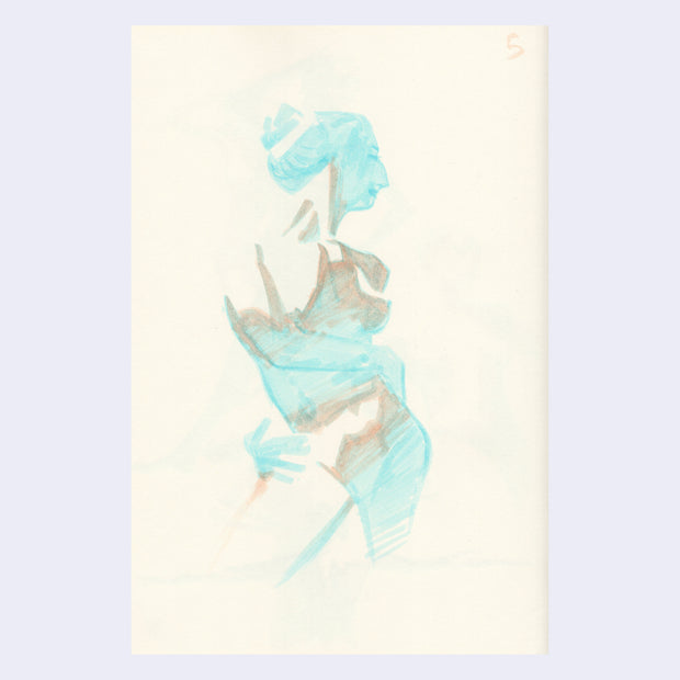 A lfe drawing portrait of a nude woman with her hair in a bun, drawn in tan and light blue marker.