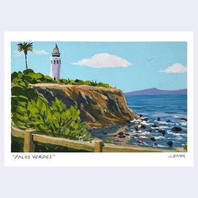 Landscape painting of the Palos Verdes coast, with a lighthouse on a bluff and rocky ocean underneath. A single bird flies over it against a blue cloudy sky.