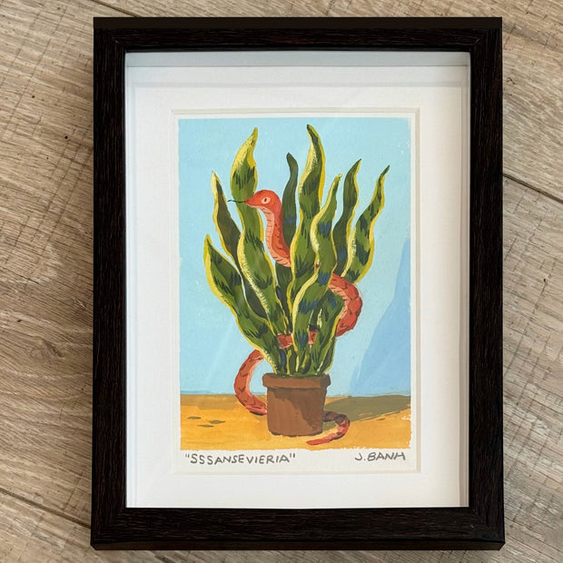 Painting of a potted snake plant, with large leaves that are slightly wavy and have yellow outlining. A red snake weaves through the plant. Background is blue with a yellow flooring.