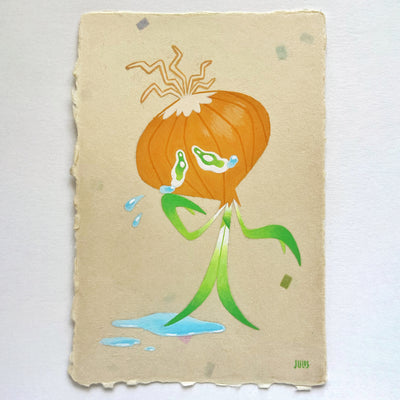 Painting of a cartoon onion with leaves as a body and crying with cartoon eyes. It creates a small puddle at its feet.